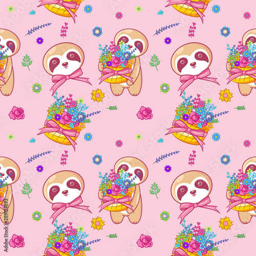 hand drawn cute sloth and flowers with pattern set