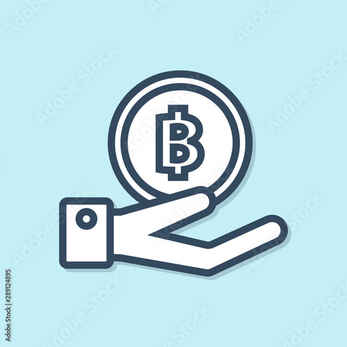 Blue line Hand holding Bitcoin icon isolated on blue background. Blockchain technology, digital money market, cryptocoin wallet. Vector Illustration