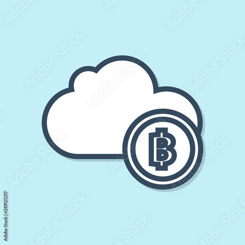 Blue line Cryptocurrency cloud mining icon isolated on blue background. Blockchain technology, bitcoin, digital money market, cryptocoin wallet. Vector Illustration