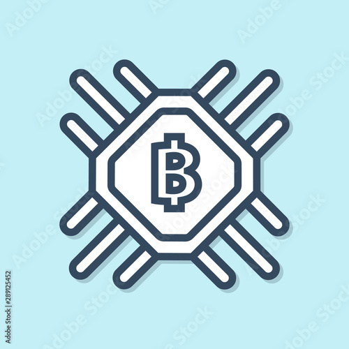 Blue line CPU mining farm icon isolated on blue background. Bitcoin sign inside processor. Cryptocurrency mining community. Digital money. Vector Illustration