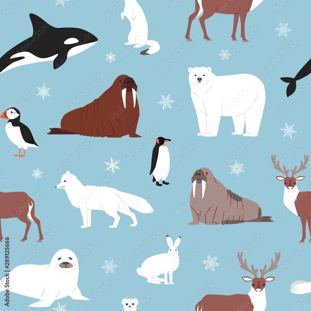 Arctic animals seamless pattern. Vector cartoon illustration of polar bear,  morse, penguin and furseal. Arctic animals winter wonderland in ice blue  background. Stock Vector | Adobe Stock