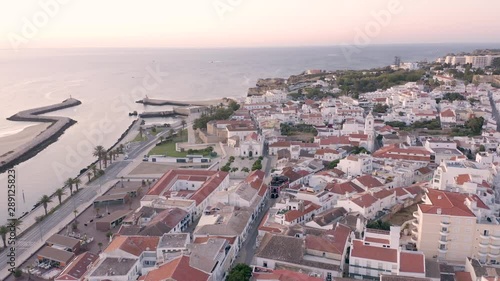 Aerial view of central part and marina of Lagos, Algarve, Portugal at morning