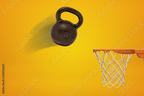 Fototapeta Naklejka Na Ścianę i Meble -  3d rendering of a 24 kg black kettlebell flying toward basketball hoop on amber background.