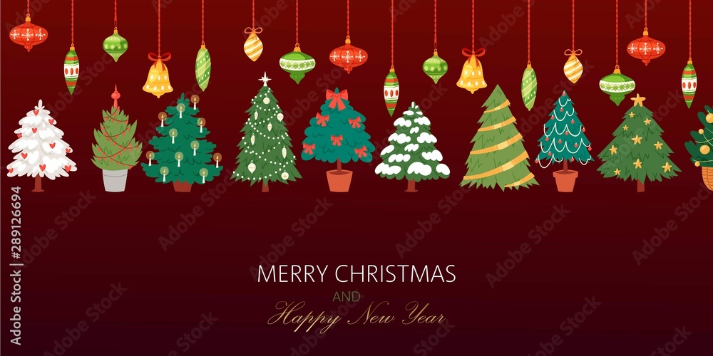 Christmas fir trees with colorful baubles and balls vector illustration. Glowing festive banner with light beams and sparks on christmas fir trees. Happy new year banner.