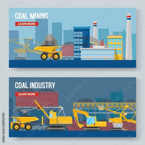 Two mining industry horizontal banners set, vector illustration. Coal extracting and miner transportation with outdoor mine factory scenery.