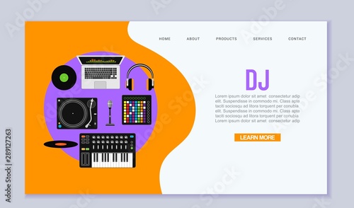 Dj music workspace flat design vector illustration. Top view of music dj desk background with laptop, mixer, electro piano and headphones and retro record player.