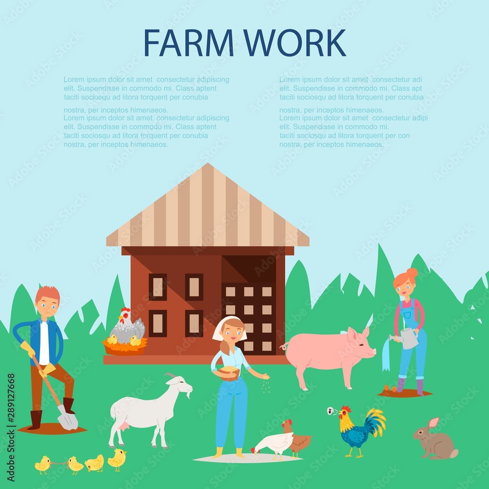 Farmer working at farm, caring for pig, goat, chickens vector illustration. Farming working people and animals on rural background. Farmer working at farm, caring for pig, goat, chickens vector illustration. Farming working people and animals on rural background.