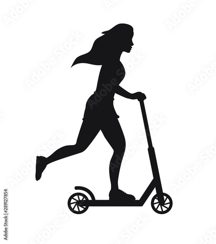 Vector black silhouette of girl riding a scooter isolated on white background