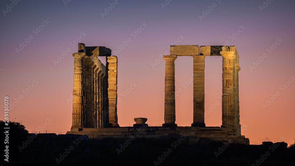 Sunset over the Temple of Poseidon at Cape Sounio, Greece.