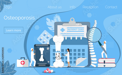 Osteoporosis concept, osteoarthritis anatomical vector. Tiny doctors research bones of human