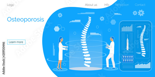 Osteoporosis concept, osteoarthritis anatomical vector. Tiny doctors research bones of human