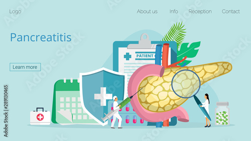 Pancreas doctors examine, treat pancreatitis. Tiny therapist looks through a magnifying glass.