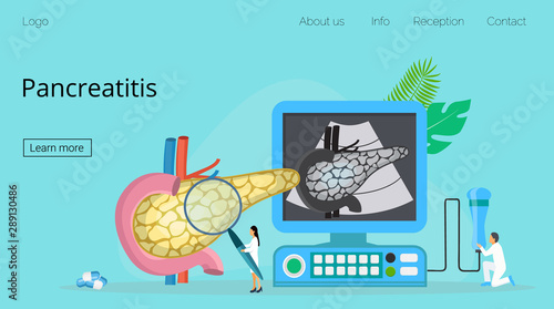 Pancreas doctors examine, treat pancreatitis. Tiny therapist looks through a magnifying glass.