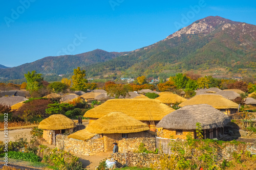 Naganeupseong Folk Village during autumn in Suncheon, A Traditional Hanok Village in South Korea. photo