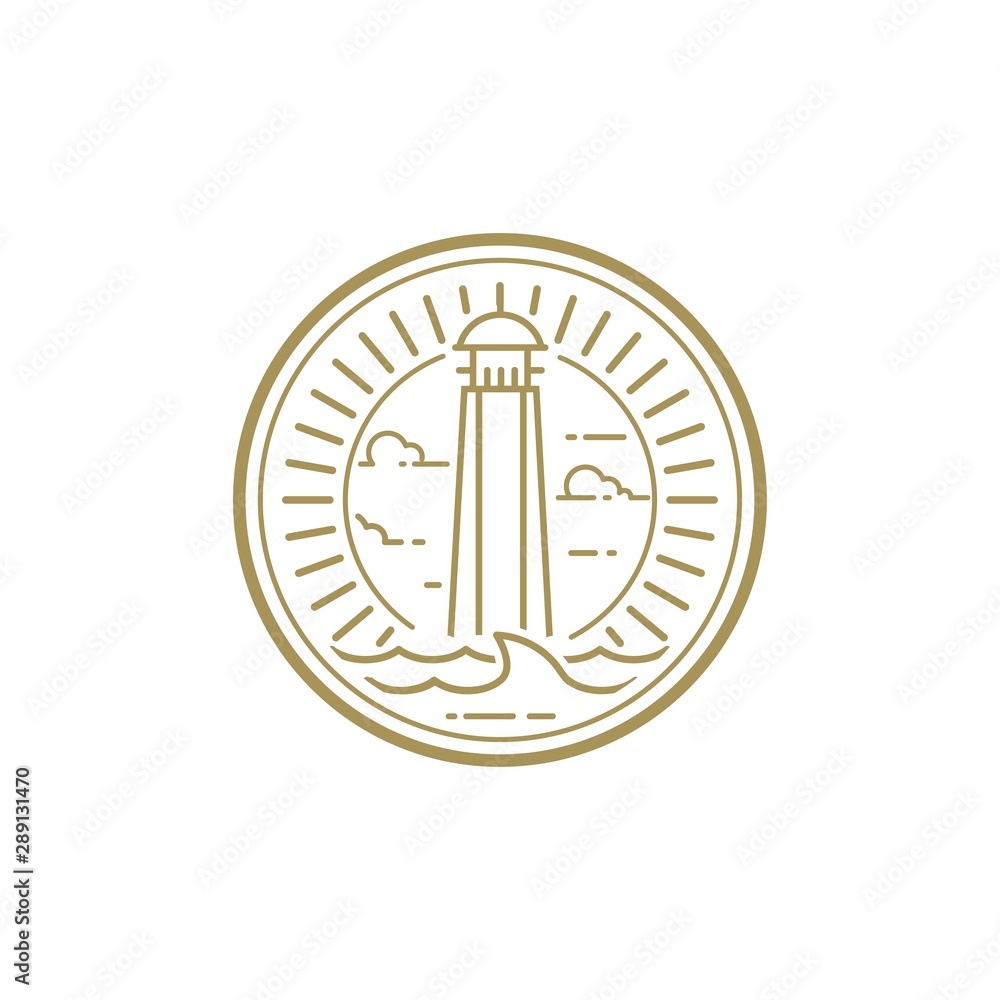 Coastal beach with lighthouse logo design template.Creative lighthouse logo inspiration Coastal beach with lighthouse logo design template.Creative lighthouse logo inspiration
