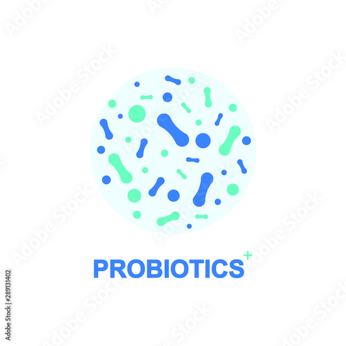 Probiotic bacteria logo. Bifidobacteria lactobacillus gut acidophilus. Lactic prebiotic healthy flora care.