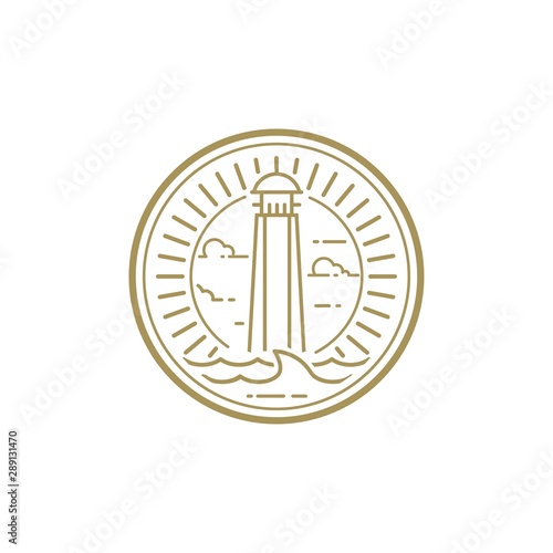 Coastal beach with lighthouse logo design template.Creative lighthouse logo inspiration 