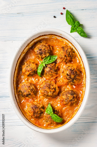 Italian baked meatballs. Top view, space for text.