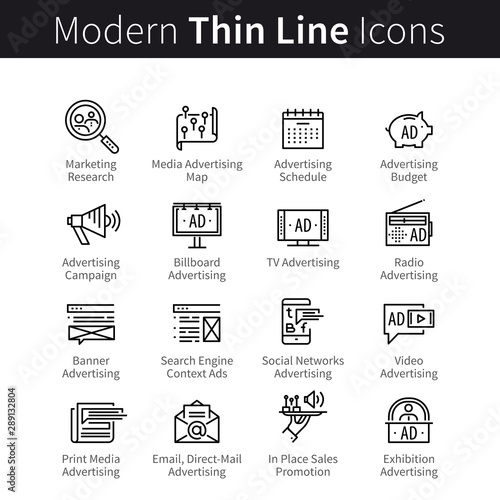 Advertising, promotion media channels, marketing campaign icon symbols