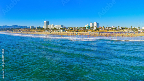 View of Santa Monica beach in Santa Monica on a sunny day. 