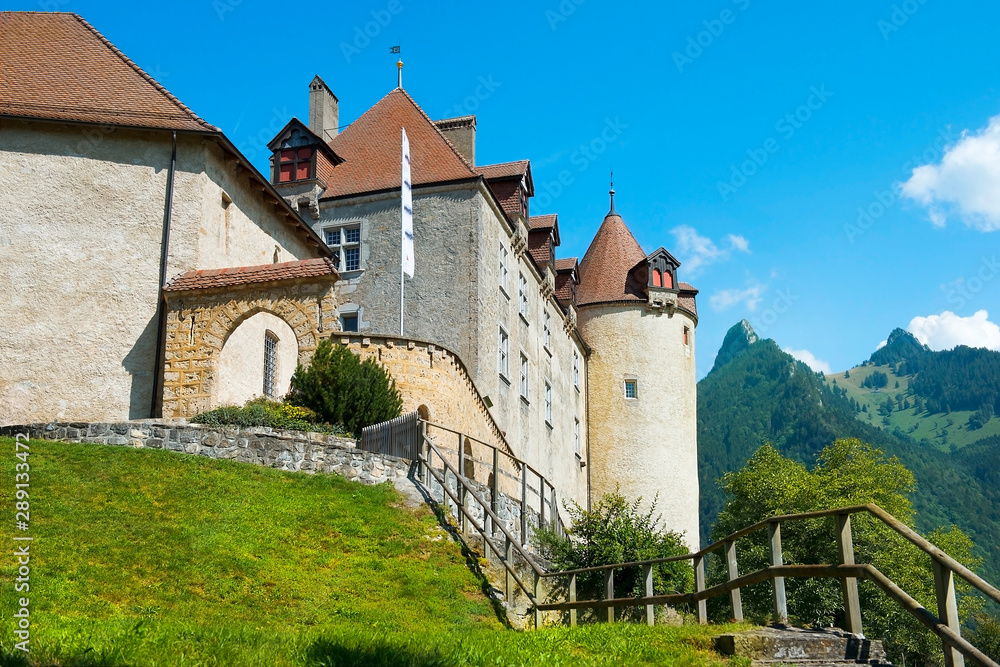 picturesque landscape with medieval castle of Gruyeres in Fribourg canton, is one of the most famous castles in Switzerland. not private property, owned by the state of Switzerland