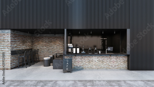 Front view Cafe shop & Restaurant design. Modern minimal metal black.Counter top black metal brick,windows black metal frame- 3D render