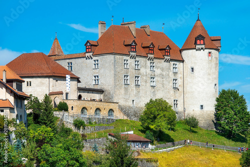 picturesque landscape with medieval castle of Gruyeres in Fribourg canton  is one of the most famous castles in Switzerland. not private property  owned by the state of Switzerland
