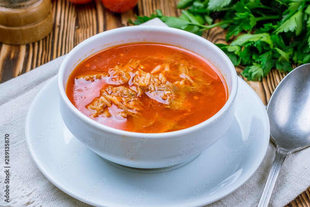 Turkish soup Beiran on wooden table Turkish soup Beiran on wooden table