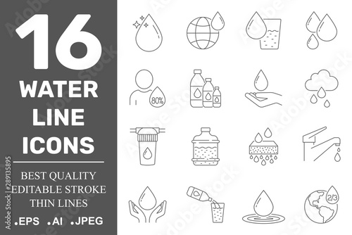 Set of water in thin line style. High quality black outline drop symbols for web site design and mobile apps. Simple water pictograms on white background. Editable Stroke. EPS 10.