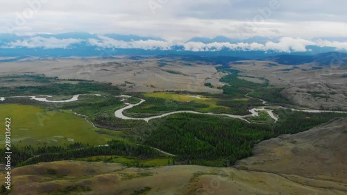 Aerial video over river Chuya in the Kurai steppe between the Kurai and the North Chuia Ranges in the south-eastern Altai, Siberia, Russia photo