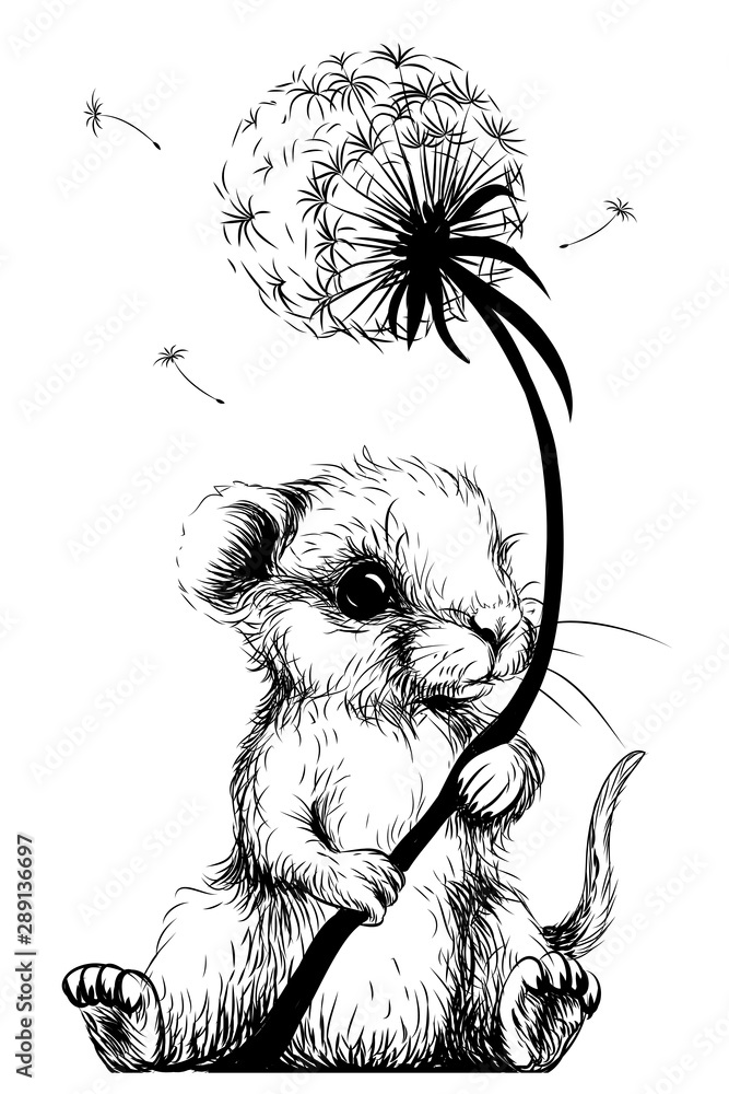 Wall sticker. Cute little mouse is holding a dandelion flower. - obrazy, fototapety, plakaty 