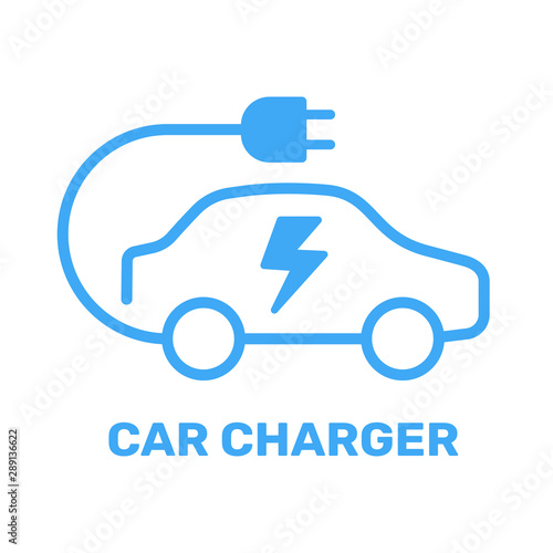 Electric vehicle power charging station. Electrical car symbol. Electric car icon with charging cable. Vector illustration. EPS 10.