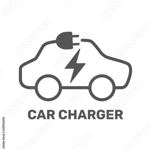 Electric car icon. Electric car charging station. Silhouette electric car in form of cable with plug. Vector Illustration. EPS 10