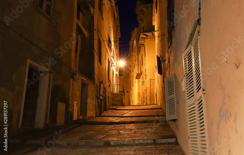 Night street of Corsican city Bastia, Corsica island, France.