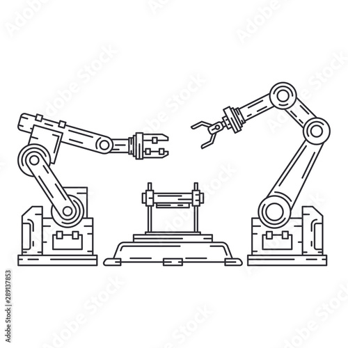 Line flat vector icon factory conveyor robot arm system. Automatic industry assembly robotic machinery. Globalization laborer technology process. Mechanical worker. Cartoon style illustration, design.