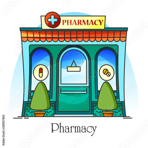 Pharmacy shop facade or clinic, drug store