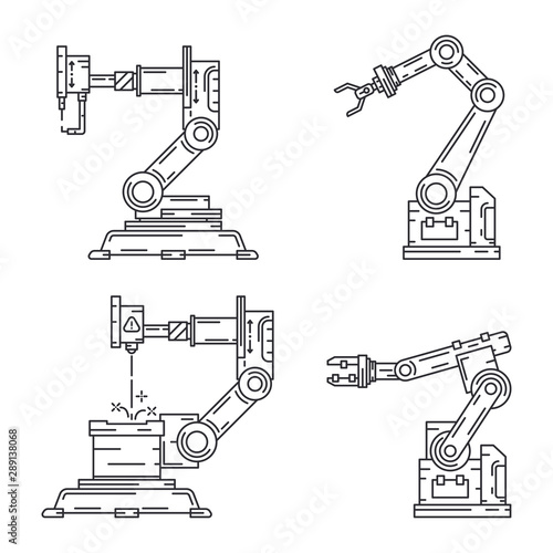 Line flat vector icon set factory conveyor robot arm system. Automatic industry assembly robotic machinery. Globalization laborer technology process. Mechanical worker. Cartoon style illustration.