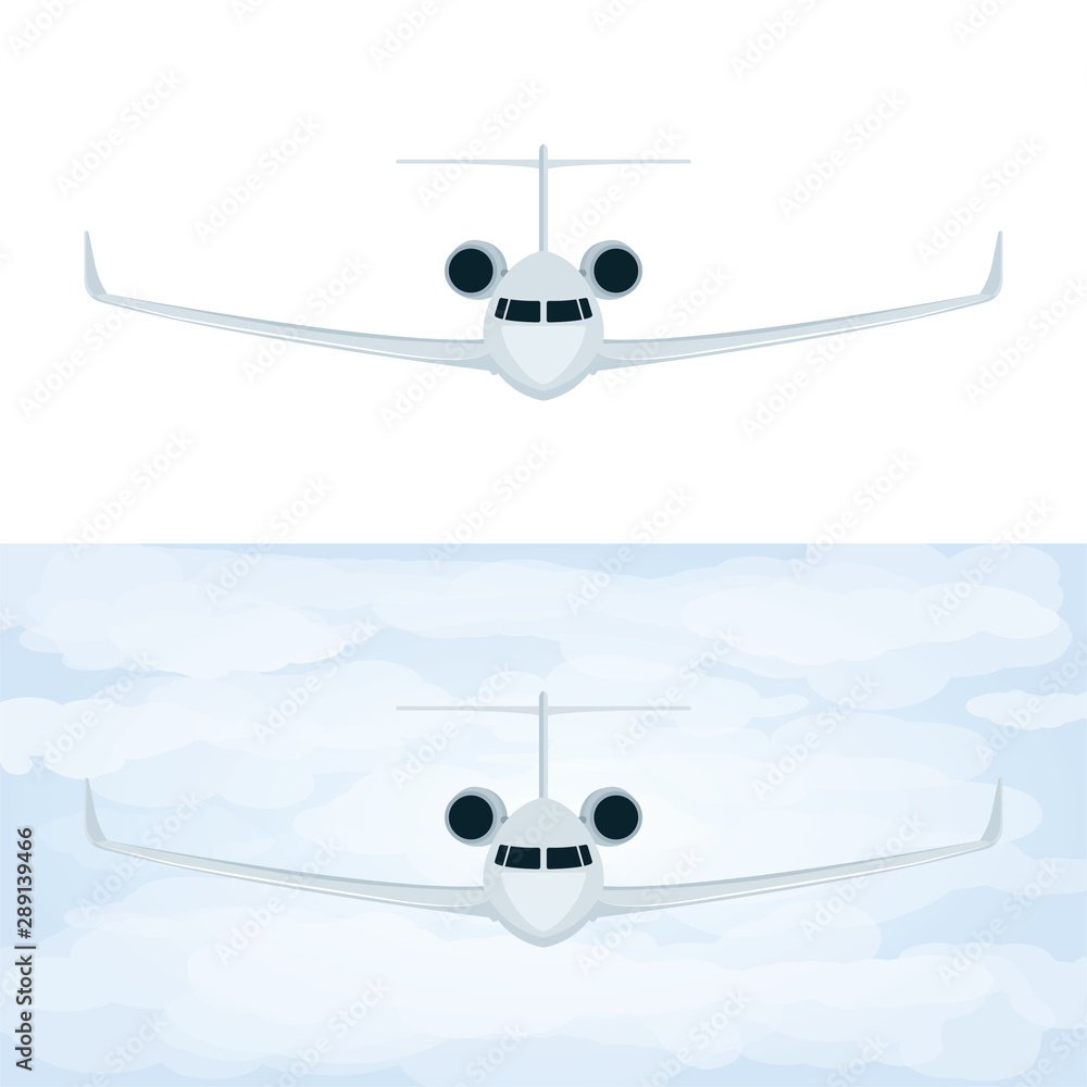 Airplane. Business jet front and top view vector illustrations set. Passenger aircraft realistic graphic. Part of set. Airplane. Business jet front and top view vector illustrations set. Passenger aircraft realistic graphic. Part of set.