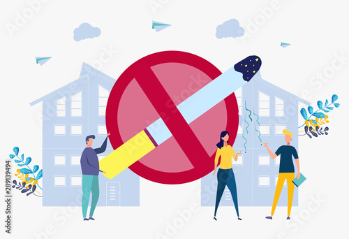 Businessman pointing to no smoking sign and people with cigarettes. Cigarette smoking, nicotine addiction, smoking health risk concept. Clean city. Do not smoke