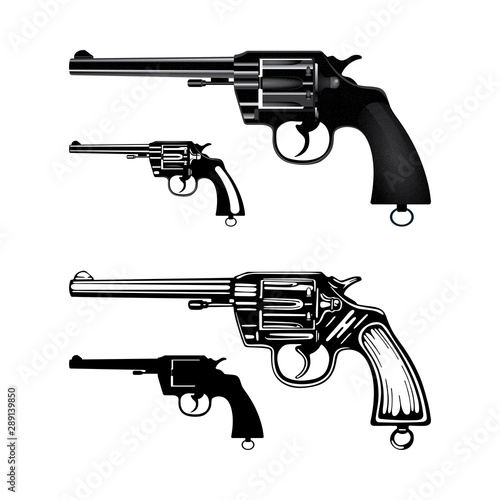 Revolver. Hand drawn vintage revolver vector illustration. Engraving and realistic style old pistols set.