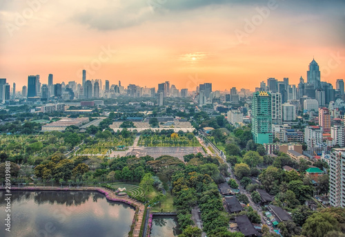 Sunset over Benjakiti park in Bangkok