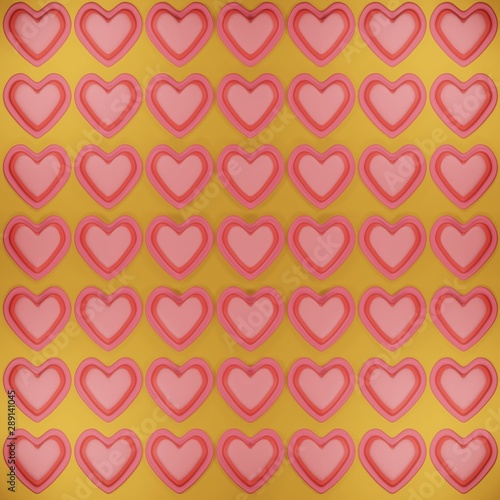 Seamless pattern with three collor hearts on yellow background