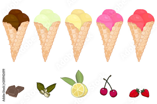 set of isolated hand drawn tasty delicious fruit chocolate pistachios berries ice cream in cone on white background vector illustration with cherry strawberry raspberry on white background