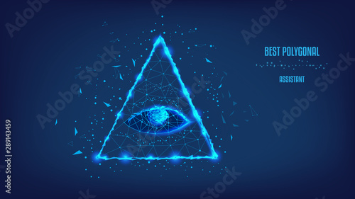 Polygonal eye in the pyramid of a one-dollar bill. Dollar USA, pyramid, Eye of Providence. Macro.  Background of beautiful dark blue night sky. Low poly. Concept of business.
