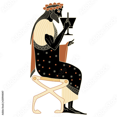 Ancient Greek god Dionysus sitting on throne with cup of wine. Vase painting style.