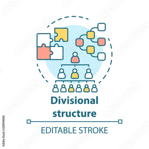 Divisional corporate structure concept icon. Organization hierarchy idea thin line illustration. Leadership and teamwork. Company top management. Vector isolated outline drawing. Editable stroke