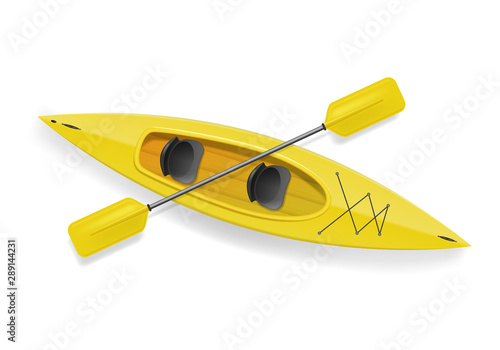 Realistic 3d Detailed Yellow Kayak with Paddle. Vector