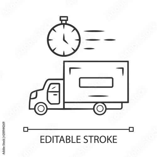 Same day delivery linear icon. Fast shipping service and postal system. Express delivery truck. Quick parcel transportation. Shipment service. Contour symbol. Vector isolated drawing. Editable stroke