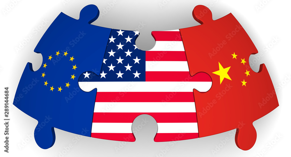 Naklejka premium Cooperation of USA, European Union and China. Puzzles with flags of United States of America, European Union and China together on white surface. Isolated. 3D Illustration