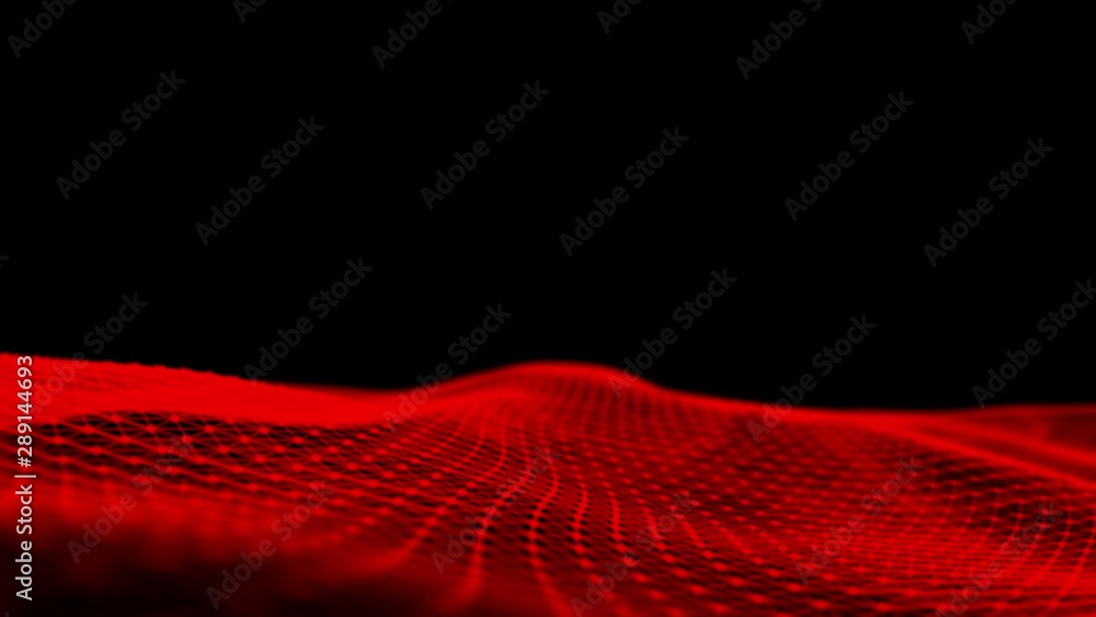 Futuristic flying intro 3D render plexus red waving terrain abstract technology background -  moving dots and lines network connection structure in black space background